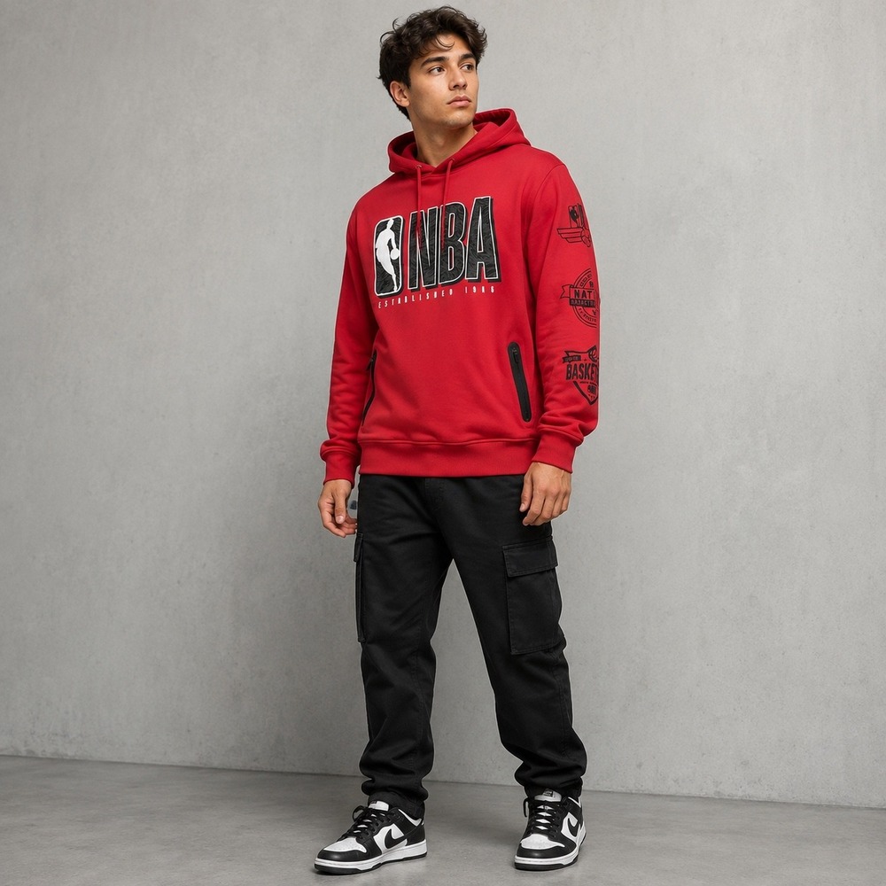 NBA Basketball Pullover Hoodie Red Large Graphic Sleeve Zipper Pockets Y2K New